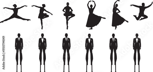 Silhouette vector set of ballet dancers leaping, spinning, elegant arm positions, contrasted with suited figures on stilts, artistic expression versus rigid formality illustration