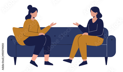 Minimal flat vector illustration of two women sitting on a simple sofa and talking