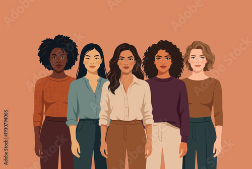 Diverse group of confident women standing together in unity and solidarity show International women's day