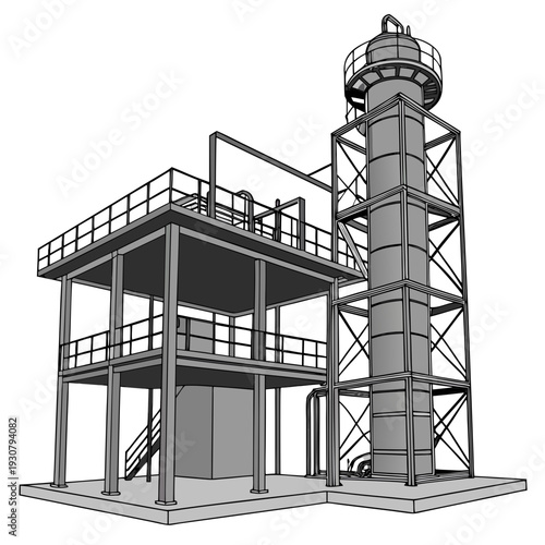 Gray of oil rig platform with tower and catwalk industrial