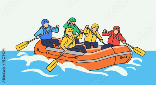 Group of People Whitewater Rafting in Inflatable Boat.