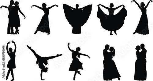Black and white silhouette collection of dancers including ballroom couples, ballet performers, and women in elegant flowing dresses isolated vector.