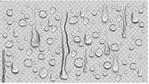 Realistic water drops, transparent rain droplets and condensation effect vector, liquid, wet