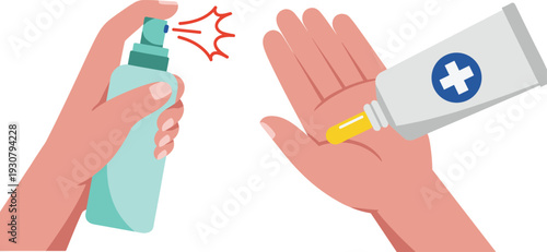 Vector illustration of hands using spray disinfectant and applying medical ointment, personal hygiene, healthcare, cleanliness, treatment, sanitizer, cream, protection concept