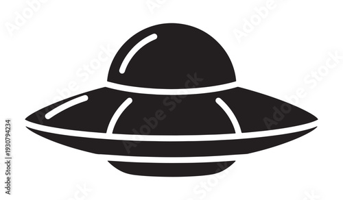 A simple black and white illustration of a classic flying saucer design.