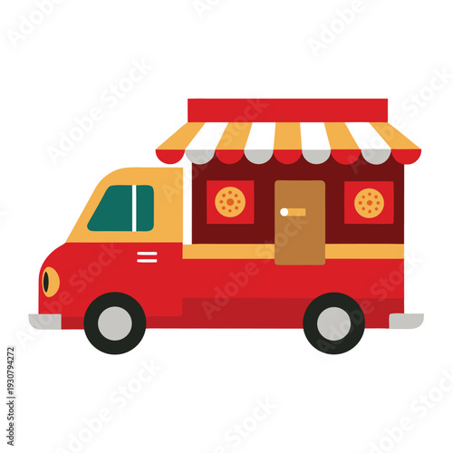 Pizza Food Truck Vector Illustration – Street Food Van Mobile Kitchen Cartoon Clipart Line Art Isolated on White