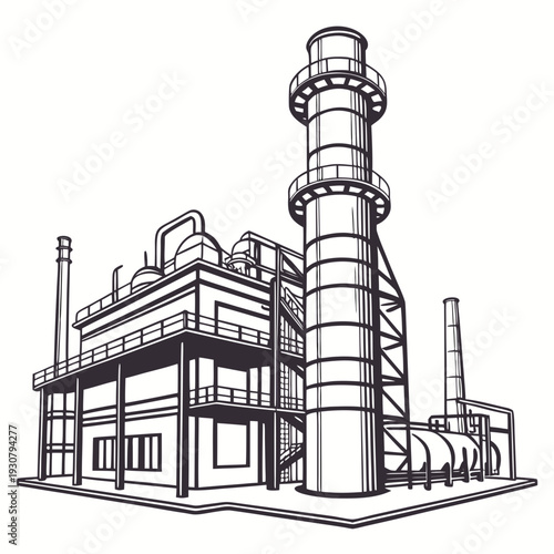 Industrial factory building with smokestack chimney