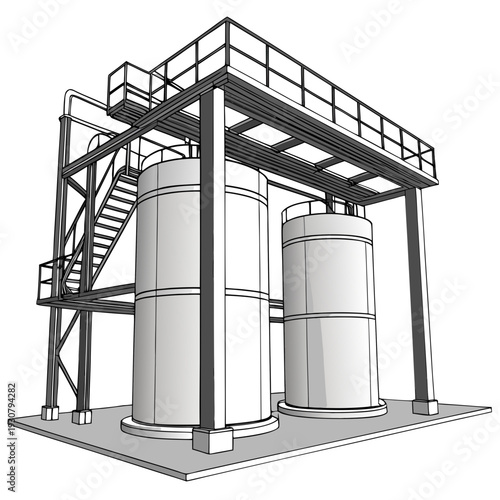 Isometric view of industrial refinery installation with tanks and catwalk