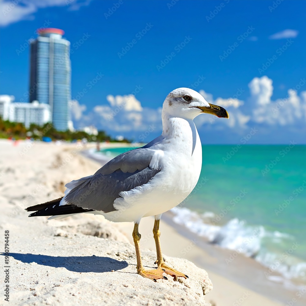 Obraz premium Seagull stands on a sandy beach with turquoise ocean and cityscape backdrop, sunny day