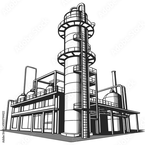 Petrochemical plant with tower and spiral staircase