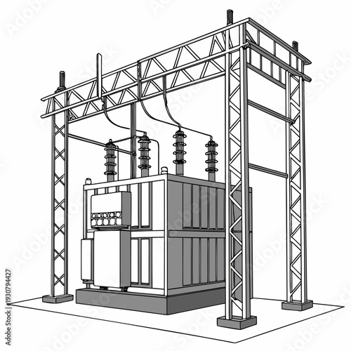 Electrical grid substation with metal framework and transformer