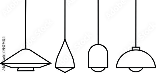 Set of four minimalist pendant light icons, modern hanging ceiling lamp silhouettes, contemporary interior lighting fixtures, black and white vector line art,