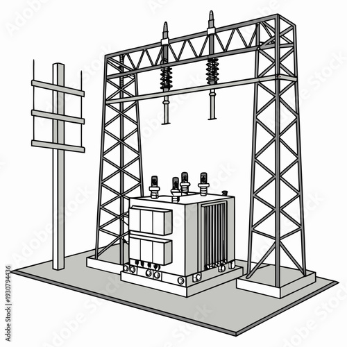 Electrical grid substation with transformer and transmission towers
