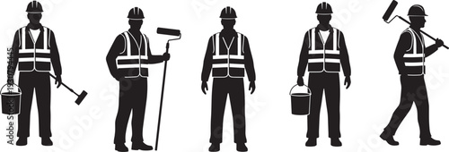 Silhouette vector set of construction workers, safety helmets and vests, painting tools with rollers and buckets, occupational roles, maintenance illustration, professional labor concept