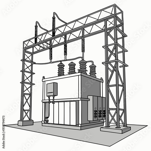 Electrical grid substation with transformer and transmission tower