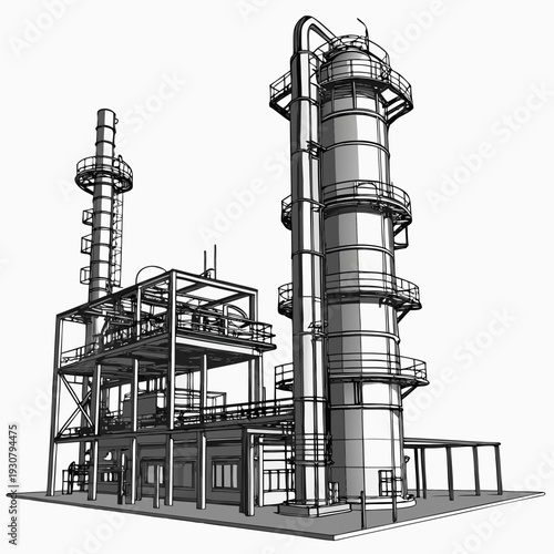Large industrial oil refinery with tall cylindrical tower and catwalks