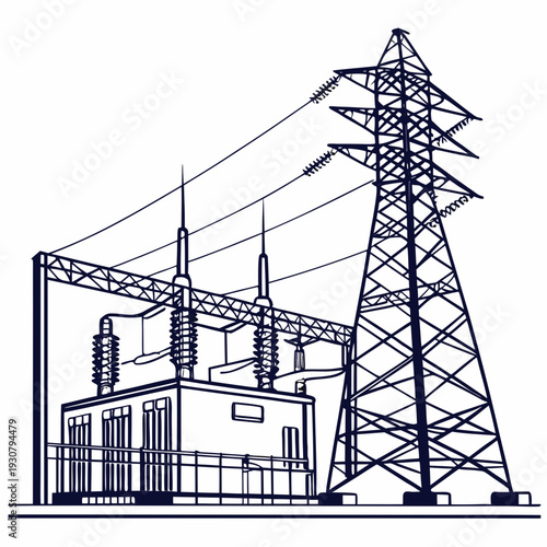 Utility substation with power transmission tower and electrical wires