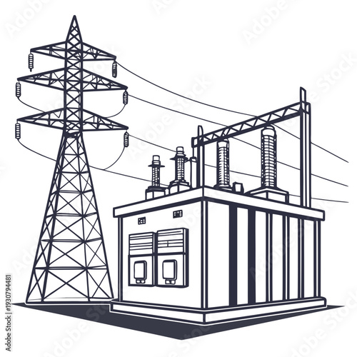 Utility transformer station with power transmission tower and lines