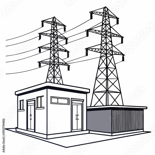 Utility substation with power transmission towers electrical infrastructure
