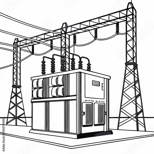 Black and white of a power distribution substation with towers and electrical wires