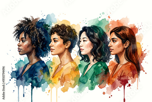 Diverse group of women standing together in colorful watercolor illustration women's day