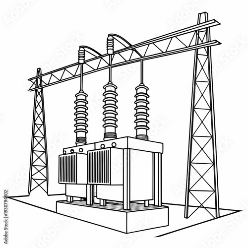 Of electrical power substation with transformer and transmission towers