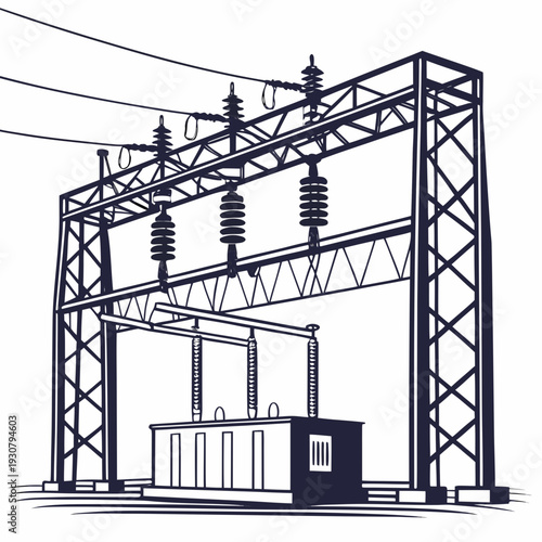 Voltage electrical substation with transmission tower and transformer