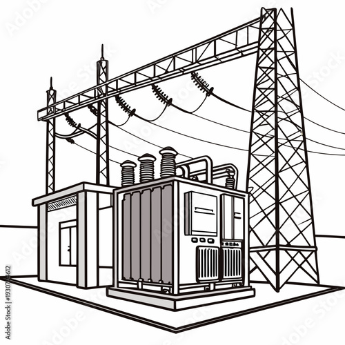 Black and white of a transformer station with power lines and tower