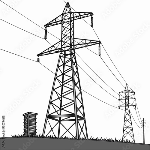 Voltage power transmission towers with insulators and wires on grassy terrain