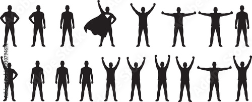 Silhouette vector set of diverse human poses, superhero stance with cape, confident standing figures, raised arms, individuality concept, isolated illustration
