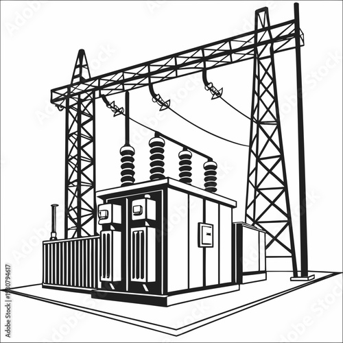 Black and white of electric power substation with transformer and transmission towers