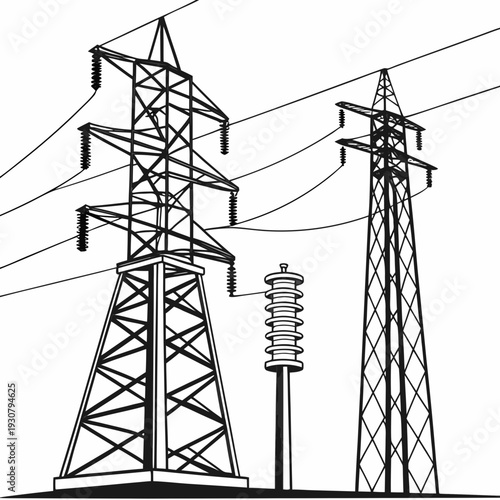 Black and white of power transmission towers and insulator