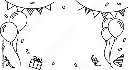 Black and white line celebration with balloons and confetti birthday party