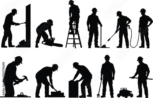 Construction worker silhouette collection illustration, builder laborer handyman working poses set, black professional vector isolated background graphic design
