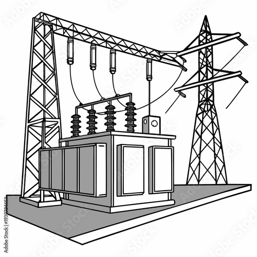 Of electrical substation with power lines and towers