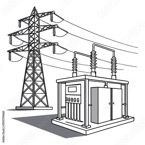 Of power grid infrastructure with transmission tower and transformer