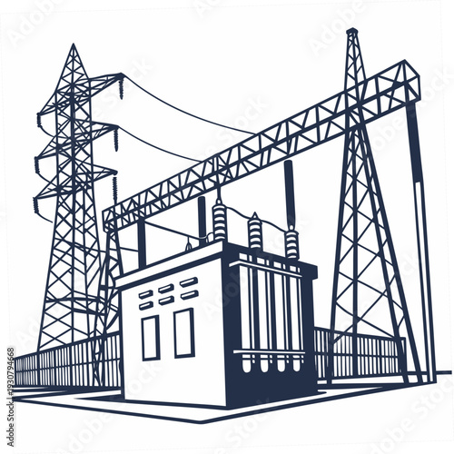 Power facility with transformer station and transmission towers