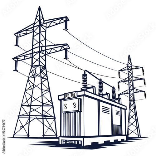 Power grid infrastructure with transmission towers and transformer