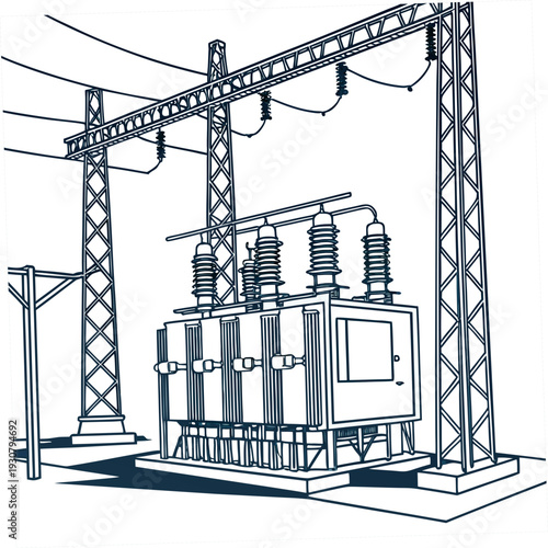 Ultra detailed scene of a transmission substation power transmission