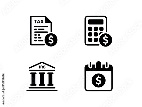 A set of black and white icons representing tax and finance concepts.
