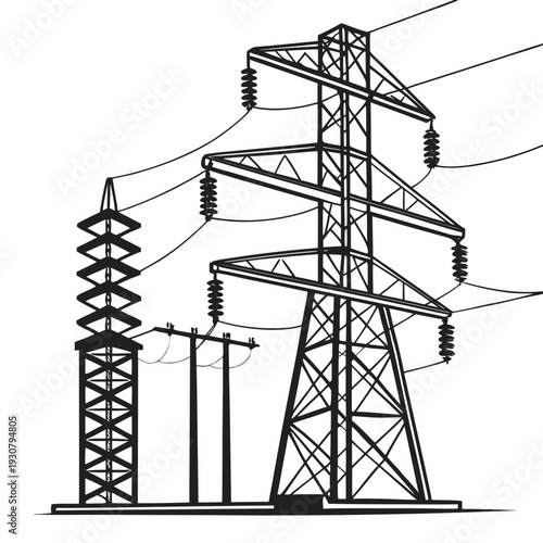 Black and white of power transmission towers and lines