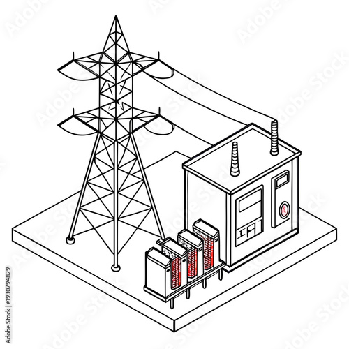 Isometric view of electrical transmission tower and substation