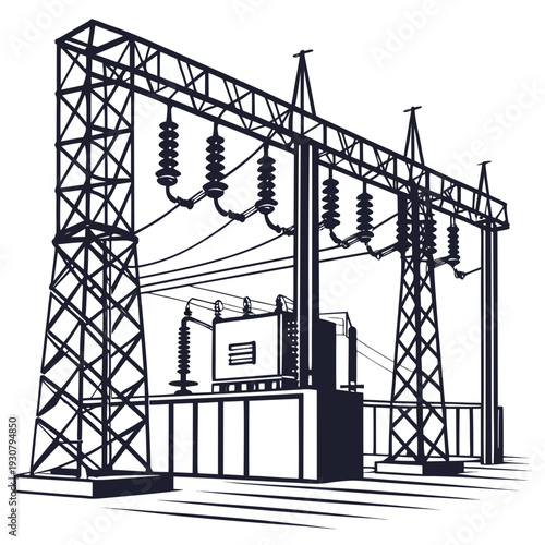Voltage electrical substation with towers and transformer
