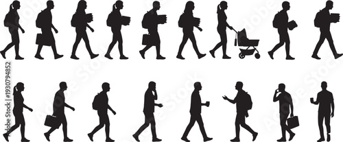 Silhouette vector set of diverse people walking, carrying bags, pushing cart, holding books, phone conversation, everyday activities, lifestyle movement illustration design