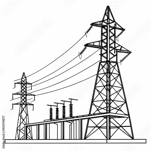 Voltage power transmission towers and substation electricity