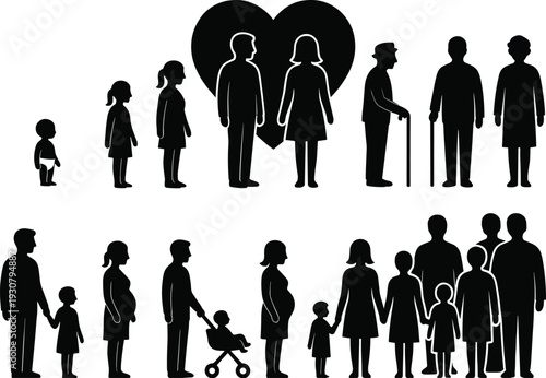 Family generation silhouettes collection, people from baby to elderly stages, black vector isolated background illustration