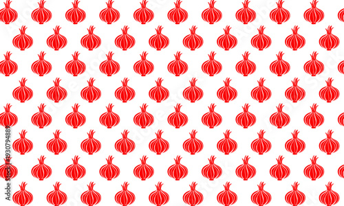 Seamless pattern of red hand-drawn pomegranate or red onion icons on white background.