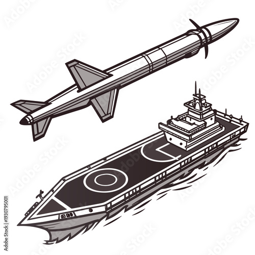 Gray of a missile and aircraft carrier black white