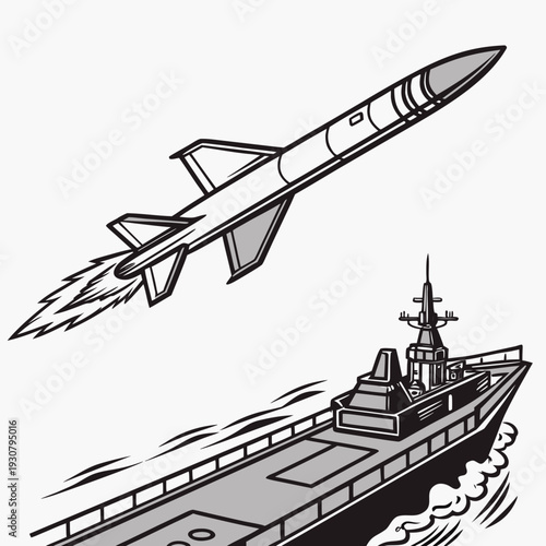 Gray of a missile launching from a warship black white