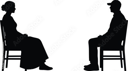 Man and woman sitting facing silhouette, interview or conversation scene concept, black vector isolated background illustration